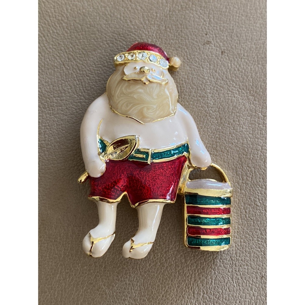 Rare VNTG Rhinestone enamel Santa Clause Scooped Sand Christmas Holiday brooch